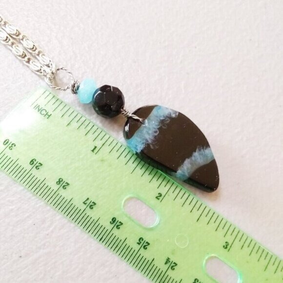 Sleek Aqua + Black Teardrop Agate Pendant + Ornate Chain - Boho Beachy Casual - Picture 8 of 10